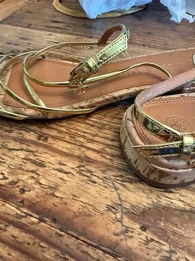 Tory Burch Metallic Gold Strappy Cork Wedge Sandals. Made for really narrow feet